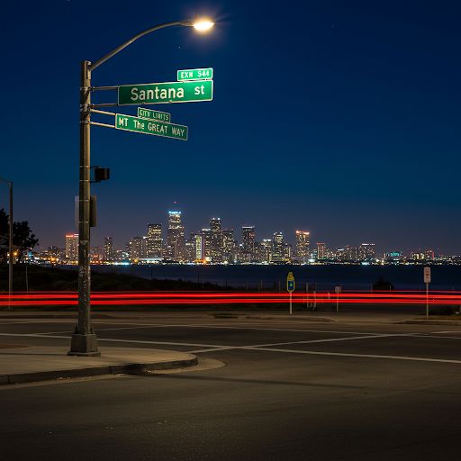 Illustrated Santana St artwork: an intersection at night with red light trails